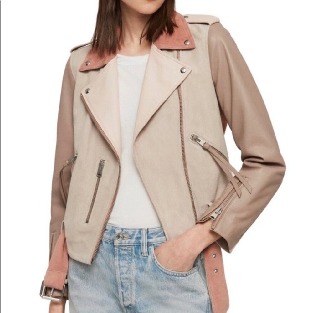 AllSaints Balfern Mix Leather Biker Jacket Colorblock